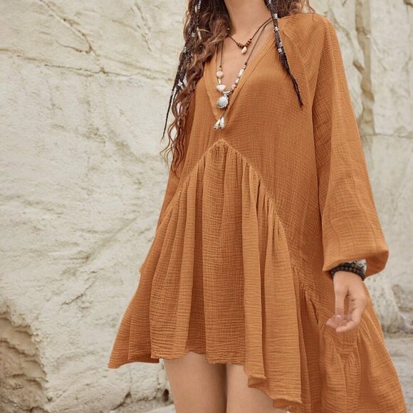 Khaki Boho Women's Lantern Sleeve Back Tie-Up Dress Clothing - Picture 5 of 8